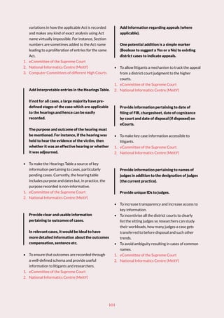 101
variations in how the applicable Act is recorded
and makes any kind of exact analysis using Act
name virtually impossible. For instance, Section
numbers are sometimes added to the Act name
leading to a proliferation of entries for the same
Act.
1. eCommittee of the Supreme Court
2. National Informatics Centre (MeitY)
3. Computer Committees of different High Courts
Add interpretable entries in the Hearings Table.
If not for all cases, a large majority have pre-
defined stages of the case which are applicable
to the hearings and hence can be easily
recorded.
The purpose and outcome of the hearing must
be mentioned. For instance, if the hearing was
held to hear the evidence of the victim, then
whether it was an effective hearing or whether
it was adjourned.
• To make the Hearings Table a source of key
information pertaining to cases, particularly
pending cases. Currently, the hearing table
includes purpose and dates but, in practice, the
purpose recorded is non-informative.
1. eCommittee of the Supreme Court
2. National Informatics Centre (MeitY)
Provide clear and usable information
pertaining to outcomes of cases.
In relevant cases, it would be ideal to have
more detailed information about the outcomes
compensation, sentence etc.
• To ensure that outcomes are recorded through
a well-defined schema and provide useful
information to litigants and researchers.
1. eCommittee of the Supreme Court
2. National Informatics Centre (MeitY)
Add information regarding appeals (where
applicable).
One potential addition is a simple marker
(Boolean to suggest a Yes or a No) to existing
district cases to indicate appeals.
• To allow litigants a mechanism to track the appeal
from a district court judgment to the higher
courts.
1. eCommittee of the Supreme Court
2. National Informatics Centre (MeitY)
Provide information pertaining to date of
filing of FIR, chargesheet, date of cognizance
by court and date of disposal (if disposed) on
eCourts.
• To make key case information accessible to
litigants.
1. eCommittee of the Supreme Court
2. National Informatics Centre (MeitY)
Provide information pertaining to names of
judges in addition to the designation of judges
(the current practice).
Provide unique IDs to judges.
• To increase transparency and increase access to
key information.
• To incentivise all the district courts to clearly
list the sitting judges so researchers can study
their workloads, how many judges a case gets
transferred to before disposal and such other
trends.
• To avoid ambiguity resulting in cases of common
names.
1. eCommittee of the Supreme Court
2. National Informatics Centre (MeitY)
 