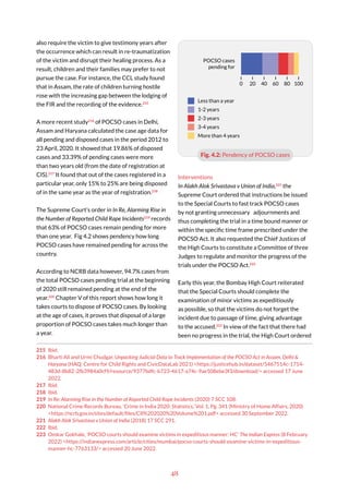 48
also require the victim to give testimony years after
the occurrence which can result in re-traumatization
of the victim and disrupt their healing process. As a
result, children and their families may prefer to not
pursue the case. For instance, the CCL study found
that in Assam, the rate of children turning hostile
rose with the increasing gap between the lodging of
the FIR and the recording of the evidence.215
A more recent study216
of POCSO cases in Delhi,
Assam and Haryana calculated the case age data for
all pending and disposed cases in the period 2012 to
23 April, 2020. It showed that 19.86% of disposed
cases and 33.39% of pending cases were more
than two years old (from the date of registration at
CIS).217
It found that out of the cases registered in a
particular year, only 15% to 25% are being disposed
of in the same year as the year of registration.218
The Supreme Court’s order in In Re, Alarming Rise in
the Number of Reported Child Rape Incidents219
records
that 63% of POCSO cases remain pending for more
than one year. Fig 4.2 shows pendency how long
POCSO cases have remained pending for across the
country.
According to NCRB data however, 94.7% cases from
the total POCSO cases pending trial at the beginning
of 2020 still remained pending at the end of the
year.220
Chapter V of this report shows how long it
takes courts to dispose of POCSO cases. By looking
at the age of cases, it proves that disposal of a large
proportion of POCSO cases takes much longer than
a year.
215 Ibid.
216 Bharti Ali and Urmi Chudgar, Unpacking Judicial Data to Track Implementation of the POCSO Act in Assam, Delhi &
Haryana (HAQ: Centre for Child Rights and CivicDataLab 2021) <https://justicehub.in/dataset/5467514c-1714-
483d-8b82-2fb3984a0cf9/resource/9377bdfc-b723-4617-a74c-9ae508ebe3f3/download/> accessed 17 June
2022.
217 Ibid.
218 ibid.
219 In Re: Alarming Rise in the Number of Reported Child Rape Incidents (2020) 7 SCC 108.
220 National Crime Records Bureau, ‘Crime in India 2020: Statistics,’ Vol. 1, Pg. 341 (Ministry of Home Affairs, 2020)
<https://ncrb.gov.in/sites/default/files/CII%202020%20Volume%201.pdf> accessed 30 September 2022.
221 Alakh Alok Srivastava v Union of India (2018) 17 SCC 291.
222 Ibid.
223 Omkar Gokhale, ‘POCSO courts should examine victims in expeditious manner: HC’ The Indian Express (8 February
2022) <https://indianexpress.com/article/cities/mumbai/pocso-courts-should-examine-victims-in-expeditious-
manner-hc-7763133/> accessed 20 June 2022.
Interventions
In Alakh Alok Srivastava v Union of India,221
the
Supreme Court ordered that instructions be issued
to the Special Courts to fast track POCSO cases
by not granting unnecessary adjournments and
thus completing the trial in a time ­bound manner or
within the specific time frame prescribed under the
POCSO Act. It also requested the Chief Justices of
the High Courts to constitute a Committee of three
Judges to regulate and monitor the progress of the
trials under the POCSO Act.222
Early this year, the Bombay High Court reiterated
that the Special Courts should complete the
examination of minor victims as expeditiously
as possible, so that the victims do not forget the
incident due to passage of time, giving advantage
to the accused.223
In view of the fact that there had
been no progress in the trial, the High Court ordered
Fig. 4.2: Pendency of POCSO cases
Less than a year
1-2 years
2-3 years
3-4 years
More than 4 years
0 20 40 60 80 100
POCSO cases
pending for
 
