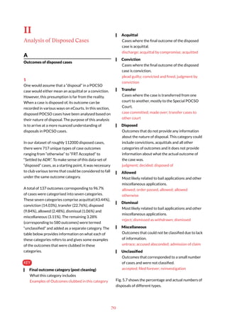 70
II
Analysis of Disposed Cases
A
Outcomes of disposed cases
1
One would assume that a “disposal” in a POCSO
case would either mean an acquittal or a conviction.
However, this presumption is far from the reality.
When a case is disposed of, its outcome can be
recorded in various ways on eCourts. In this section,
disposed POCSO cases have been analysed based on
their nature of disposal. The purpose of this analysis
is to arrive at a more nuanced understanding of
disposals in POCSO cases.
In our dataset of roughly 112000 disposed cases,
there were 717 unique types of case outcomes
ranging from “otherwise” to “FRT Accepted” to
“Settled by ADR”. To make sense of this data-set of
“disposed” cases, as a starting point, it was necessary
to club various terms that could be considered to fall
under the same outcome category.
A total of 137 outcomes corresponding to 96.7%
of cases were categorised into seven categories.
These seven categories comprise acquittal (43.44%),
conviction (14.03%), transfer (22.76%), disposed
(9.84%), allowed (2.48%), dismissal (1.06%) and
miscellaneous (3.11%). The remaining 3.28%
(corresponding to 580 outcomes) were termed
“unclassified” and added as a separate category. The
table below provides information on what each of
these categories refers to and gives some examples
of the outcomes that were clubbed in these
categories.
KEY
Final outcome category (post cleaning)
What this category includes
Examples of Outcomes clubbed in this category
Acquittal
Cases where the final outcome of the disposed
case is acquittal.
discharge; acquittal by compromise; acquitted
Conviction
Cases where the final outcome of the disposed
case is conviction.
plead guilty; convicted and fined; judgment by
conviction
Transfer
Cases where the case is transferred from one
court to another, mostly to the Special POCSO
Court.
case committed; made over; transfer cases to
other court
Disposed
Outcomes that do not provide any information
about the nature of disposal. This category could
include convictions, acquittals and all other
categories of outcomes and it does not provide
information about what the actual outcome of
the case was.
judgment; decided; disposed of
Allowed
Most likely related to bail applications and other
miscellaneous applications.
allowed; order passed, allowed; allowed
otherwise
Dismissal
Most likely related to bail applications and other
miscellaneous applications.
reject; dismissed as withdrawn; dismissed
Miscellaneous
Outcomes that could not be classified due to lack
of information.
untrace; accused absconded; admission of claim
Unclassified
Outcomes that corresponded to a small number
of cases and were not classified.
accepted; filed forever; reinvestigation
Fig. 5.7 shows the percentage and actual numbers of
disposals of different types.
 
