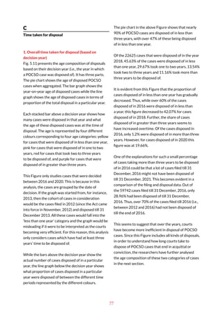77
C
Time taken for disposal
1. Overall time taken for disposal (based on
decision year)
Fig. 5.11 presents the age composition of disposals
based on their decision year (i.e., the year in which
a POCSO case was disposed of). It has three parts.
The pie chart shows the age of disposed POCSO
cases when aggregated. The bar graph shows the
year-on-year age of disposed cases while the line
graph shows the age of disposed cases in terms of
proportion of the total disposal in a particular year.
Each stacked bar above a decision year shows how
many cases were disposed in that year and what
the age of these disposed cases was at the time of
disposal. The age is represented by four different
colours corresponding to four age categories: yellow
for cases that were disposed of in less than one year,
pink for cases that were disposed of in one to two
years, red for cases that took two to three years
to be disposed of, and purple for cases that were
disposed of in greater than three years.
This Figure only studies cases that were decided
between 2016 and 2020. This is because in this
analysis, the cases are grouped by the date of
decision. If the graph was started from, for instance,
2013, then the cohort of cases in consideration
would be the cases filed in 2012 (since the Act came
into force in November, 2012) and disposed till 31
December 2013. All these cases would fall into the
‘less than one year’ category and the graph would be
misleading if it were to be interpreted as the courts
becoming very efficient. For this reason, this analysis
only considers cases which have had at least three
years’ time to be disposed of.
While the bars above the decision year show the
actual number of cases disposed of in a particular
year, the line graph below the decision year shows
what proportion of cases disposed in a particular
year were disposed of between the different time
periods represented by the different colours.
The pie chart in the above Figure shows that nearly
90% of POCSO cases are disposed of in less than
three years, with over 47% of these being disposed
of in less than one year.
Of the 22625 cases that were disposed of in the year
2018, 45.63% of the cases were disposed of in less
than one year, 29.67% took one to two years, 13.54%
took two to three years and 11.16% took more than
three years to be disposed of.
It is evident from this Figure that the proportion of
cases disposed of in less than one year has gradually
decreased. Thus, while over 60% of the cases
disposed of in 2016 were disposed of in less than
a year, this figure decreased to 42.07% for cases
disposed of in 2018. Further, the share of cases
disposed of in greater than three years seems to
have increased overtime. Of the cases disposed in
2016, only 1.2% were disposed of in more than three
years. However, for cases disposed of in 2020 this
figure was at 19.66%.
One of the explanations for such a small percentage
of cases taking more than three years to be disposed
of in 2016 could be that a lot of cases filed till 31
December, 2016 might not have been disposed of
till 31 December, 2021. This becomes evident in a
comparison of the filing and disposal data. Out of
the 59742 cases filed till 31 December, 2016, only
28.96% had been disposed of till 31 December,
2016. Thus, over 70% of the cases filed till 2016 (i.e.,
between 2012 and 2016) had not been disposed of
till the end of 2016.
This seems to suggest that over the years, courts
have become more inefficient in disposal of POCSO
cases. Since this Figure includes all kinds of disposals,
in order to understand how long courts take to
dispose of POCSO cases that end in acquittal or
conviction, the researchers have further analysed
the age composition of these two categories of cases
in the next section.
 