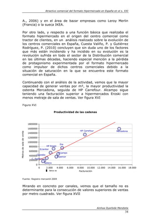 Atractivo comercial del formato Hipermercado en España en el s. XXI



       A., 2006) y en el área de bazar empresas como Leroy Merlin
       (Francia) o la sueca IKEA.

       Por otro lado, y respecto a una función básica que realizaba el
       formato hipermercado en el origen del centro comercial como
       tractor de clientes, en un análisis realizado sobre la evolución de
       los centros comerciales en España, Cuesta Valiño, P. y Gutiérrez
       Rodríguez, P. (2010) concluyen que sin duda uno de los factores
       que más están incidiendo y ha incidido en su evolución es la
       revolución sufrida en todo el sector de la Distribución comercial
       en las últimas décadas, haciendo especial mención a la pérdida
       de protagonismo experimentada por el formato hipermercado
       como impulsor de dichos centros comerciales debido a la
       situación de saturación en la que se encuentra este formato
       comercial en España.

       Continuando con el análisis de la actividad, vemos que la mayor
       capacidad de generar ventas por m², la mayor productividad la
       ostenta Mercadona, seguida de HP Carrefour. Alcampo sigue
       teniendo una facturación superior a hipermercados Eroski con
       menos metraje de sala de ventas. Ver figura XVI

       Figura XVI

                                                   Productividad de las cadenas



                          1800000

                          1600000
                                                                               HP Carrefour                     Mercadona
Metros de sala de venta




                          1400000

                          1200000

                          1000000
                                                            Dia
                          800000          HP Eroski
                                    E/center
                          600000
                                                           Alcampo
                               Caprabo
                          400000                          Hipercor
                            C. Express
                          200000
                                         Sabeco
                               0
                                    0     2.000       4.000          6.000   8.000   10.000   12.000   14.000    16.000     18.000
                                               Datos aa                       Facturación


       Fuente: Registro mercantil 2009


       Mirando en concreto por canales, vemos que el tamaño no es
       determinante para la consecución de valores superiores de ventas
       por metro cuadrado. Ver figura XVII



                                                                                              Ainhoa Oyarbide Mendieta
                                                                                                                      34
 