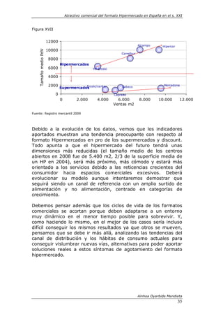 Atractivo comercial del formato Hipermercado en España en el s. XXI



Figura XVII


                        12000
                                                                                Alcampo      Hipercor
                        10000
     Tamaño medio PdV

                                                                    Carrefour
                        8000
                                Hipermercados
                        6000                        HP Eroski

                        4000

                        2000                Eroski/center           Sabeco
                                                                                              Mercadona
                                Supermercados
                            0                                   Caprabo
                                0         2.000       4.000       6.000         8.000      10.000       12.000
                                                                Ventas m2

Fuente: Registro mercantil 2009




Debido a la evolución de los datos, vemos que los indicadores
aportados muestran una tendencia preocupante con respecto al
formato Hipermercados en pro de los supermercados y discount.
Todo apunta a que el hipermercado del futuro tendrá unas
dimensiones más reducidas (el tamaño medio de los centros
abiertos en 2008 fue de 5.400 m2, 2/3 de la superficie media de
un HP en 2004), será más próximo, más cómodo y estará más
orientado a los servicios debido a las reticencias crecientes del
consumidor hacia espacios comerciales excesivos. Deberá
evolucionar su modelo aunque intentaremos demostrar que
seguirá siendo un canal de referencia con un amplio surtido de
alimentación y no alimentación, centrado en categorías de
crecimiento.

Debemos pensar además que los ciclos de vida de los formatos
comerciales se acortan porque deben adaptarse a un entorno
muy dinámico en el menor tiempo posible para sobrevivir. Y,
como haciendo lo mismo, en el mejor de los casos sería incluso
difícil conseguir los mismos resultados ya que otros se mueven,
pensamos que se debe ir más allá, analizando las tendencias del
canal de distribución y los hábitos de consumo actuales para
conseguir vislumbrar nuevas vías, alternativas para poder aportar
soluciones reales a estos síntomas de agotamiento del formato
hipermercado.




                                                                                Ainhoa Oyarbide Mendieta
                                                                                                        35
 