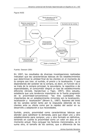 Atractivo comercial del formato Hipermercado en España en el s. XXI



Figura XVIII

                                    Nivel educativo de los
                                        consumidores


        Mejores experiencias
                                                                  Aumento de las ventas
          para los clientes




                       Tecnología




           Marketing                Innovación                           Globalización
                                    experiencial


                                                            Capacidades
                                                          directivas (saber
                                                               hacer)



         Crecimiento de la                                          Mayor control del
           productividad                                                 canal
                                      Poder y Confianza



Fuente: Dawson 2001

En 1997, los resultados de diversas investigaciones realizadas
indicaban que las características básicas de los establecimientos
que determinan la utilidad final de los clientes en el momento de
la compra son tres: el surtido, el precio y la localización. Y que
dependiendo del carácter de la compra, es decir, en función de si
se trata de la compra principal, la secundaria, la repentina o de
especialidades, el consumidor elegirá un tipo de establecimiento
diferente (Arnold, Handerman y Tiger, 1997). Otro estudio,
establecía que una tendencia importante es la fuerte progresión
de la proximidad-conveniencia: “las tres cualidades más
importantes de un establecimiento minorista son la localización,
localización y localización” (Brown S., 1987). Razones del éxito
de los canales serían tanto por la respuesta obtenida de los
clientes ante su oferta como por la rapidez del sector en su
desarrollo y adaptación a sus necesidades.

Surtido, precio, proximidad como características básicas que
atender para satisfacer la demanda, para que elijan uno u otro
establecimiento para comprar, uno u otro formato en definitiva,
teniendo en cuenta la proximidad como un valor en alza en el
momento actual. Para conjugar los factores mencionados, se le
suma otra, el tamaño de los centros, que a diferencia de los

                                                               Ainhoa Oyarbide Mendieta
                                                                                          38
 