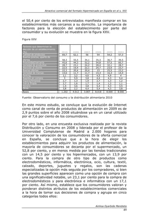 Atractivo comercial del formato Hipermercado en España en el s. XXI



el 50,4 por cierto de los entrevistados manifiesta                   comprar en los
establecimientos más cercanos a su domicilio. La                     importancia de
factores para la elección del establecimiento                        por parte del
consumidor y su evolución se muestra en la figura                    XXV.

Figura XXV

Factores que determinan la
elección de un establecimiento
(%)                              2010     2008      2007     2006      2005    2004
Calidad de productos             69,7     62,1       56       54       54,2    57,3
Buenos precios, aparte de
ofertas                           58,3     55,5     34,1     35,3      36,7     39,5
Proximidad/cercanía               45,6     44,3     52,2     54,8      57,5     60,7
Variedad de productos             28,7     23,1     24,2     28,4      32,1     28,7
Atención al cliente               22,5     19,4     22,1     24,7      23,9     23,7
Buenas ofertas                    22,3     20,4     20,4      23       25,5     23,2
Variedad de marcas                14,6     11,7     11,7     14,3      16,3     14,4
Parking                           3,1      3,2      4,6      4,5       4,9       4
Rapidez en compra                  3       5,9      3,8      4,4       4,3      5,4
Higiene/limpieza                  2,7      1,3      1,9      2,7       1,3      1,2
marca Propia                      2,7      1,6      1,7      1,4       1,3      1,1
Horario                           1,5      3,6      3,8      5,4       4,3      3,5
Otros                             3,8      2,2      4,4      5,4       4,3      3,8
Bases                            1.202    4.012     3.007    8.018     8.000   8.000

Fuente: Observatorio del consumo y la distribución alimentaria 2010

En este mismo estudio, se concluye que la evolución de Internet
como canal de venta de productos de alimentación en 2009 es de
2,9 puntos sobre el año 2008 situándose ya en un canal utilizado
por el 7,6 por ciento de los consumidores.

Por otro lado, en una encuesta exclusiva realizada por la revista
Distribución y Consumo en 2008 y liderada por el profesor de la
Universidad Complutense de Madrid a 2.000 hogares para
conocer la valoración de los consumidores de la oferta comercial
en España, se concluye que a la hora de elegir los
establecimientos para adquirir los productos de alimentación, la
mayoría de consumidores se decanta por el supermercado, un
52,8 por ciento, y en menos medida por las tiendas tradicionales
con un 14,5 por ciento y los hipermercados, con un 13,9 por
ciento. Para la compra de otro tipo de productos como
electrodomésticos, informática, electrónica, ocio, cultura, textil,
calzado, deportes, juguetes y regalos, son las cadenas
especializadas la opción más seguida por los compradores, si bien
las grandes superficies aparecen como una opción de compra con
una significatividad notable, un 23,1 por ciento para la compra de
electrodomésticos y para electrónica e informática con un 17,1
por ciento. Así mismo, establece que los consumidores valoran y
ponderan distintos atributos de los establecimientos comerciales
a la hora de tomar sus decisiones de compra y agrupa en cinco
categorías todos ellos:


                                                             Ainhoa Oyarbide Mendieta
                                                                                       49
 