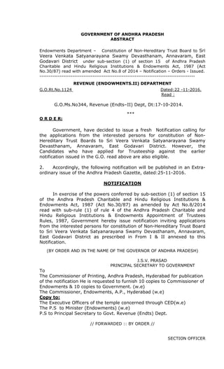 GOVERNMENT OF ANDHRA PRADESH
ABSTRACT
Endowments Department – Constitution of Non-Hereditary Trust Board to Sri
Veera Venkata Satyanarayana Swamy Devasthanam, Annavaram, East
Godavari District under sub-section (1) of section 15 of Andhra Pradesh
Charitable and Hindu Religious Institutions & Endowments Act, 1987 (Act
No.30/87) read with amended Act No.8 of 2014 – Notification – Orders - Issued.
-------------------------------------------------------------------------------------
REVENUE (ENDOWMENTS.II) DEPARTMENT
G.O.Rt.No.1124 Dated:22 -11-2016.
Read :
G.O.Ms.No344, Revenue (Endts–II) Dept, Dt:17-10-2014.
***
O R D E R:
Government, have decided to issue a fresh Notification calling for
the applications from the interested persons for constitution of Non-
Hereditary Trust Boards to Sri Veera Venkata Satyanarayana Swamy
Devasthanam, Annavaram, East Godavari District. However, the
Candidates who have applied for Trusteeship against the earlier
notification issued in the G.O. read above are also eligible.
2. Accordingly, the following notification will be published in an Extra-
ordinary issue of the Andhra Pradesh Gazette, dated:25-11-2016.
NOTIFICATION
In exercise of the powers conferred by sub-section (1) of section 15
of the Andhra Pradesh Charitable and Hindu Religious Institutions &
Endowments Act, 1987 (Act No.30/87) as amended by Act No.8/2014
read with sub-rule (1) of rule 4 of the Andhra Pradesh Charitable and
Hindu Religious Institutions & Endowments Appointment of Trustees
Rules, 1987, Government hereby issue notification inviting applications
from the interested persons for constitution of Non-Hereditary Trust Board
to Sri Veera Venkata Satyanarayana Swamy Devasthanam, Annavaram,
East Godavari District as prescribed in From I & II annexed to this
Notification.
(BY ORDER AND IN THE NAME OF THE GOVERNOR OF ANDHRA PRADESH)
J.S.V. PRASAD
PRINCIPAL SECRETARY TO GOVERNMENT
To
The Commissioner of Printing, Andhra Pradesh, Hyderabad for publication
of the notification He is requested to furnish 10 copies to Commissioner of
Endowments & 10 copies to Government. (w.e)
The Commissioner, Endowments, A.P., Hyderabad (w.e)
Copy to:
The Executive Officers of the temple concerned through CED(w.e)
The P.S to Minister (Endowments) (w.e)
P.S to Principal Secretary to Govt. Revenue (Endts) Dept.
// FORWARDED :: BY ORDER //
SECTION OFFICER
 
