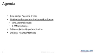 © 2022 ADVA. All rights reserved.
2
• Data center / general trends
• Motivation for synchronization with software
• Time Appliance Project
• O-RAN architecture
• Software (virtual) synchronization
• Options; results; interfaces
Agenda
 
