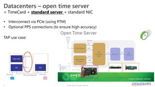 © 2022 ADVA. All rights reserved.
7
Datacenters – open time server
= TimeCard + standard server + standard NIC
• Interconnect via PCIe (using PTM)
• Optional PPS connections (to ensure high accuracy)
TAP use case:
 