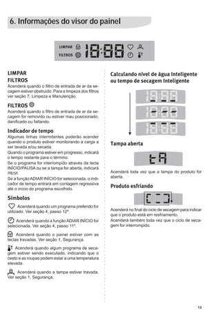 13
6. Informações do visor do painel
LIMPAR
FILTROS
Acenderá quando o filtro de entrada de ar da se-
cagem estiver obstruído. Para a limpeza dos filtros
ver seção 7, Limpeza e Manutenção.
FILTROS
Acenderá quando o filtro de entrada de ar da se-
cagem for removido ou estiver mau posicionado,
danificado ou faltando.
Indicador de tempo
Algumas linhas intermitentes poderão acender
quando o produto estiver monitorando a carga a
ser lavada e/ou secada.
Quando o programa estiver em progresso, indicará
o tempo restante para o término.
Se o programa for interrompido através da tecla
INÍCIO/PAUSA ou se a tampa for aberta, indicará
Pausa.
Se a funçãoADIAR INÍCIO for selecionada, o indi-
cador de tempo entrará em contagem regressiva
até o início do programa escolhido.
Símbolos
Acenderá quando um programa preferido for
utilizado. Ver seção 4, passo 12º.
Acenderá quando a função ADIAR INÍCIO for
selecionada. Ver seção 4, passo 11º.
Acenderá quando o painel estiver com as
teclas travadas. Ver seção 1, Segurança.
Acenderá quando algum programa de seca-
gem estiver sendo executado, indicando que o
cesto e as roupas podem estar a uma temperatura
elevada.
Acenderá quando a tampa estiver travada.
Ver seção 1, Segurança.
Calculando nível de água Inteligente
ou tempo de secagem Inteligente
Tampa aberta
Acenderá toda vez que a tampa do produto for
aberta.
Produto esfriando
Acenderá no final do ciclo de secagem para indicar
que o produto está em resfriamento.
Acenderá também toda vez que o ciclo de seca-
gem for interrompido.
 