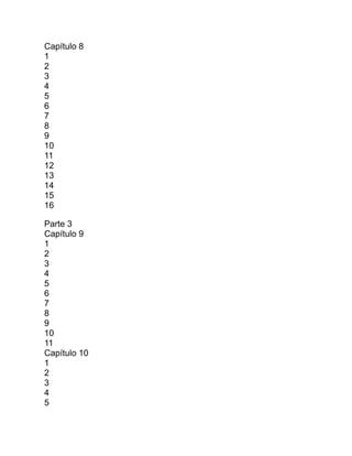 Capítulo 8
1
2
3
4
5
6
7
8
9
10
11
12
13
14
15
16
Parte 3
Capítulo 9
1
2
3
4
5
6
7
8
9
10
11
Capítulo 10
1
2
3
4
5
 