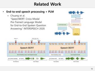 Related Work
• End-to-end speech processing + PLM
 Chuang et al.
“SpeechBERT: Cross-Modal
Pre-Trained Language Model
for End-to-End Spoken Question
Answering.“ INTERSPEECH 2020.
10
 