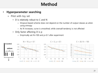 Method
• Hyperparameter searching
 Pilot with toy set
• D is relatively robust to C and N
– Dropout-based scheme does not depend on the number of output classes as when
using entropy
– As N increases, curve is smoothed, while oversall tendency is not affected
• Only factor affecting D is p
– Empirically set N=100 and p=0.1 after experiment
21
 