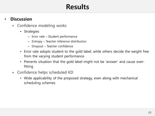 Results
• Discussion
 Confidence modeling works
• Strategies
– Error rate – Student performance
– Entropy – Teacher inference distribution
– Dropout – Teacher confidence
• Error rate adopts student to the gold label, while others decide the weight free
from the varying student performance
• Prevents situation that the gold label might not be ‘answer’ and cause over-
fitting
 Confidence helps scheduled KD
• Wide applicability of the proposed strategy, even along with mechanical
scheduling schemes
23
 