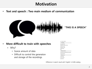 Motivation
• Text and speech : Two main medium of communication
• More difficult to train with speeches
 Why?
• Scarce amount of data
• Difficult to control the generation
and storage of the recordings
2
“THIS IS A SPEECH”
Difference in search result with ‘English’ in ELRA catalog
 