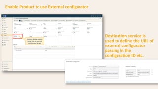 Indicate during product
setup that an external
configurator is used
Enable Product to use External configurator
Destination service is
used to define the URL of
external configurator
passing in the
configuration ID etc.
 