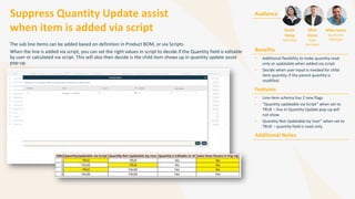 Suppress Quantity Update assist
when item is added via script
Audience
Benefits
• Additional flexibility to make quantity read-
only or updatable when added via script.
• Decide when user input is needed for child
item quantity, if the parent quantity is
modified.
Features
• Line-item schema has 2 new flags
• “Quantity updatable via Script” when set to
TRUE – line in Quantity Update pop-up will
not show
• Quantity Not Updatable by User” when set to
TRUE – quantity field is read-only
Additional Notes
The sub line items can be added based on definition in Product BOM, or via Scripts.
When the line is added via script, you can set the right values in script to decide if the Quantity field is editable
by user or calculated via script. This will also then decide is the child item shows up in quantity update assist
pop-up.
Sarah
Hong
Sales Rep
Mick
Jones
Sales
Manager
Mike Jones
Quotation
Manager
 