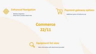 Payment gateway options
• Additional option of Authorize.net
Enhanced Navigation
• Website integration
• Deep links to product detail view
Equipment list view
• More information with attachments provided
 