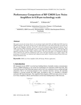 International Journal of VLSI design & Communication Systems (VLSICS) Vol.2, No.2, June 2011
DOI : 10.5121/vlsic.2011.2204 45
Performance Comparison of RF CMOS Low Noise
Amplifiers in 0.18- m technology scale
M.Sumathi*1
, S.Malarvizhi 2
*1
Research Scholar, Sathyabama University, Chennai -119,Tamilnadu
sumagopi206@gmail.com
2
HOD/ECE, SRM University, Kattankulathur – 603203, Kancheepuram District,
Tamilnadu
malarvizhig@rediffmail.com
Abstract
This paper presents the design theory of conventional single-ended LNA and differential LNA based on
CMOS technology. The design concepts give an useful indication to the design trade-offs associated with
NF, gain and impedance matching. Four LNA’s have been designed using technological design rules of
TSMC 0.18-µm CMOS technology and this work mainly proposed for IEEE 802.11a applications. With
1.8V supply voltage, the proposed LNA’s achieve a gain higher than 19dB, a noise figure less than 4dB and
impedance matching less than -10dB at 5GHz frequency. The goal of this paper is to highlight the efficient
LNA architecture for achieving simultaneous gain, noise and input matching at low supply voltage. The
performance of all LNA’s are analysed and compared using Agilent’s Advanced Design System Electronic
Design Automation tools.
Keywords: CMOS, Low Noise Amplifier (LNA), RF design, Wireless application.
1. Introduction
RF integrated circuits (RFIC’s) are the basic building blocks of portable wireless communication
devices. CMOS technology is one of the best technologies for realization of RF front-ends. This
is possible because of the following features such as low cost, continuous device scaling and high
integration. Due to an increasing demand on the consumer electronic services, the operating
frequency is moving towards the 5GHz band. According to this, it is desirable to introduce
innovative RF front-end designs. The simplified block diagram of RF front-end is shown in fig.1.
Low Noise Amplifiers, Mixers and Oscillators are the basic building blocks of RF front-end.
Figure.1. RF front-end
 