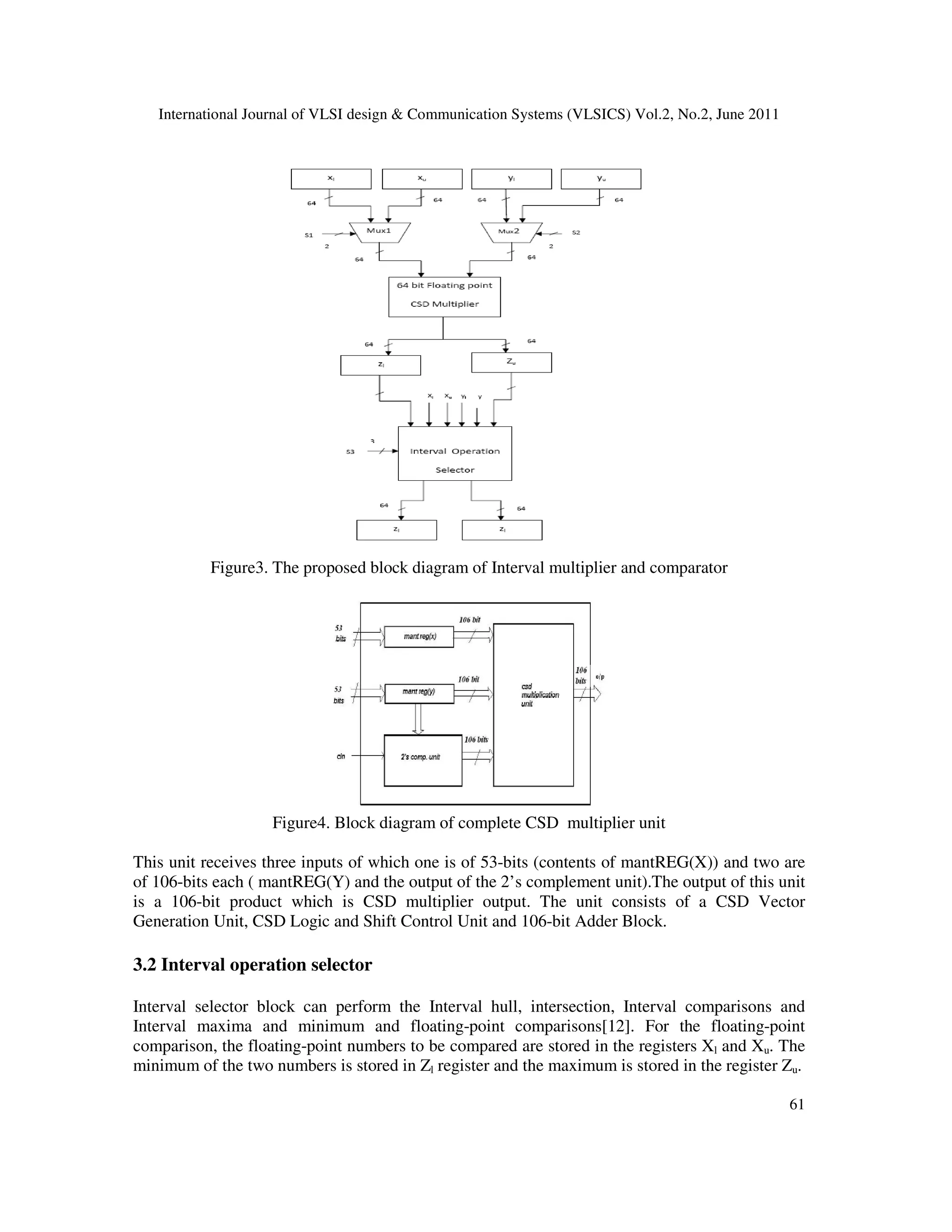 International Journal of VLSI design & Communication Systems (VLSICS) Vol.2, No.2, June 2011
61
Figure3. The proposed block diagram of Interval multiplier and comparator
Figure4. Block diagram of complete CSD multiplier unit
This unit receives three inputs of which one is of 53-bits (contents of mantREG(X)) and two are
of 106-bits each ( mantREG(Y) and the output of the 2’s complement unit).The output of this unit
is a 106-bit product which is CSD multiplier output. The unit consists of a CSD Vector
Generation Unit, CSD Logic and Shift Control Unit and 106-bit Adder Block.
3.2 Interval operation selector
Interval selector block can perform the Interval hull, intersection, Interval comparisons and
Interval maxima and minimum and floating-point comparisons[12]. For the floating-point
comparison, the floating-point numbers to be compared are stored in the registers Xl and Xu. The
minimum of the two numbers is stored in Zl register and the maximum is stored in the register Zu.
 