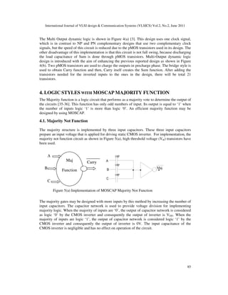 International Journal of VLSI design & Communication Systems (VLSICS) Vol.2, No.2, June 2011
85
The Multi Output dynamic logic is shown in Figure 4(a) [3]. This design uses one clock signal,
which is in contrast to NP and PN complementary designs that use two complementary clock
signals, but the speed of this circuit is reduced due to the pMOS transistors used in its design. The
other disadvantage of this implementation is that this circuit is not full swing, because discharging
the load capacitance of Sum is done through pMOS transistors. Multi-Output dynamic logic
design is introduced with the aim of enhancing the previous reported design as shown in Figure
4(b). Two pMOS transistors are used to charge the outputs in precharge phase. The bridge style is
used to obtain Carry function and then, Carry itself creates the Sum function. After adding the
transistors needed for the inverted inputs to the ones in the design, there will be total 21
transistors.
4. LOGIC STYLES WITH MOSCAP MAJORITY FUNCTION
The Majority function is a logic circuit that performs as a majority vote to determine the output of
the circuits [35-36]. This function has only odd numbers of input. Its output is equal to ‘1’ when
the number of inputs logic ‘1’ is more than logic ‘0’. An efficient majority function may be
designed by using MOSCAP.
4.1. Majority Not Function
The majority structure is implemented by three input capacitors. These three input capacitors
prepare an input voltage that is applied for driving static CMOS inverter. For implementation, the
majority not function circuit as shown in Figure 5(a), high threshold voltage (Vth) transistors have
been used.
Figure 5(a) Implementation of MOSCAP Majority Not Function
The majority gates may be designed with more inputs by this method by increasing the number of
input capacitors. The capacitor network is used to provide voltage division for implementing
majority logic. When the majority of inputs are ‘0’, the output of capacitor network is considered
as logic ‘0’ by the CMOS inverter and consequently the output of inverter is VDD. When the
majority of inputs are logic ‘1’, the output of capacitor network is considered logic ‘1’ by the
CMOS inverter and consequently the output of inverter is 0V. The input capacitance of the
CMOS inverter is negligible and has no effect on operation of the circuit.
Maj
Function
A
B
C
Carry
 