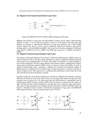 International Journal of VLSI design & Communication Systems (VLSICS) Vol.2, No.2, June 2011
86
4.2. Majority Not Function based Static Logic Gates
Figure 5(b) MOSCAP 10.4f F (NAND, NOR and Majority-NOT) gate
Majority Not function is a logic gate with odd numbers of inputs, and its output is high when the
numbers of logic ‘1’s is less then the number of ‘logic 0’s in the input of the logic gate. The
Majority not function is implemented efficiently by using only capacitors and a static CMOS
inverter. Figure 5(b) shows a circuit used to implement majority-not function with inverter
utilizing high-Vth for both nMOS and pMOS. This circuit can be used to implement NAND gate
using high-Vth nMOS and low-Vth pMOS, and NOR gate using low-Vth nMOS and high-Vth
pMOS.
4.3. Majority Function based Dynamic Logic Gates
The design of three input Majority Not Function, NAND and NOR dynamic CMOS circuits are
shown in Figure 6 [52]. It uses three input capacitances in order to implement different functions
with unique circuit implementation. As shown, the number of transistors is reduced leading to
lower power dissipation. The three inputs Majority Not Function which is implemented with pre-
charge and pre-discharge dynamic CMOS circuit are shown in Figure 6(a) &6(b). In order to
make the pre-discharge circuit working as a Majority Not Function, the threshold voltages of
pMOS transistor is reduced to-0.9 V and the values of input capacitances is selected accurately as
shown in Figure 6 [52]. This reduction in Vth influenced the performance of the circuit, but on the
other side the lower power dissipation is gained.
In order to make the circuit shown in Figure 6(c) working as a Majority Not Function, transistor
MN1must be turned on (Vgs>Vth) when at least two out of the three inputs are high, but if the
transistor turns on when one of its input goes high, the NOR function is implemented and for
implementing NAND function, transistors MN1 must be turned on whenever all the inputs are
high. All these function could be designed by selecting the correct values for input capacitances.
The values of input capacitances for building majority not Function, NAND and NOR is shown in
Figure 6. Simulation results in Table 1 illustrate the comparison of logic gates with MOSCAP
based majority function, static and dynamic logic style at 1V [49].
(a) Majority Function (pre-charge) (b) Majority Function (pre-discharge)
 