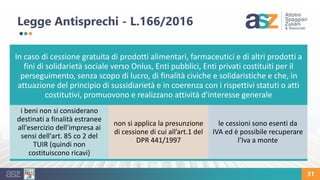 31
Legge Antisprechi - L.166/2016
In caso di cessione gratuita di prodotti alimentari, farmaceutici e di altri prodotti a
...