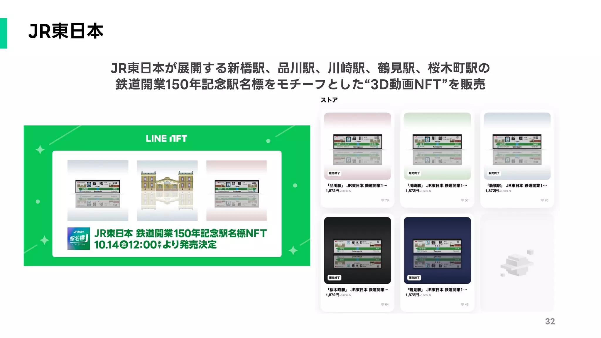JR東日本
32
JR東日本が展開する新橋駅、品川駅、川崎駅、鶴見駅、桜木町駅の
鉄道開業150年記念駅名標をモチーフとした“3D動画NFT”を販売
 