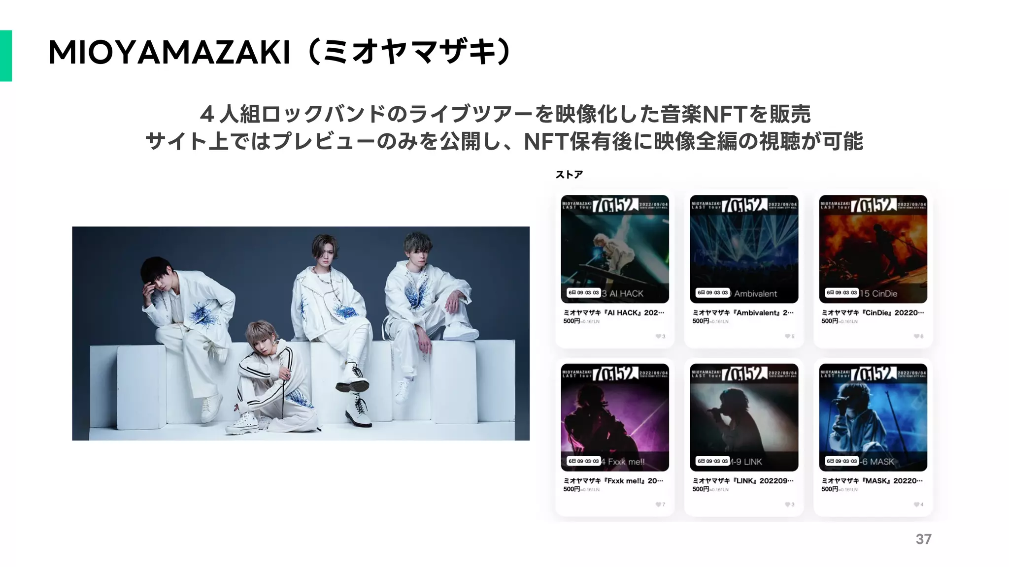MIOYAMAZAKI（ミオヤマザキ）
37
４人組ロックバンドのライブツアーを映像化した音楽NFTを販売
サイト上ではプレビューのみを公開し、NFT保有後に映像全編の視聴が可能
 
