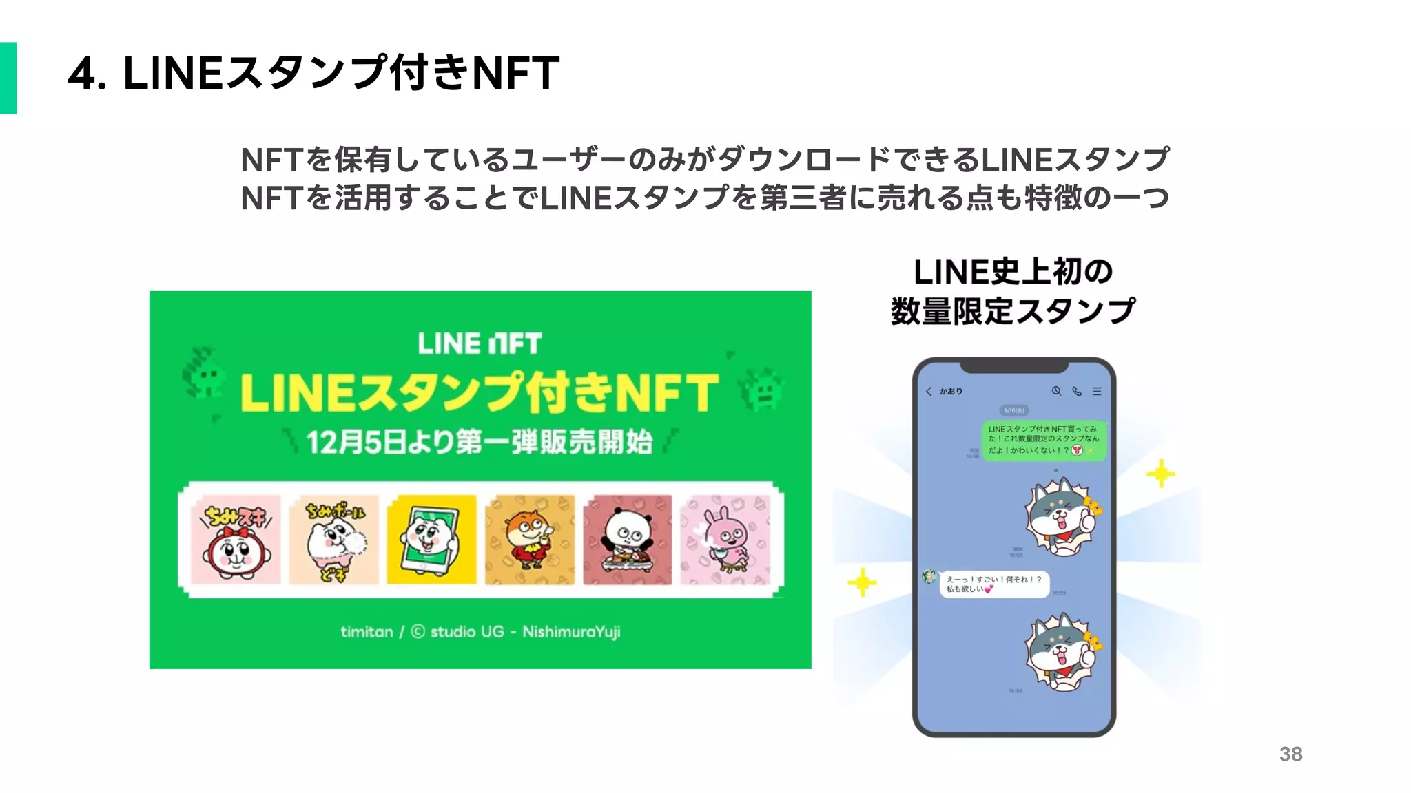 4. LINEスタンプ付きNFT
38
NFTを保有しているユーザーのみがダウンロードできるLINEスタンプ
NFTを活用することでLINEスタンプを第三者に売れる点も特徴の一つ
 