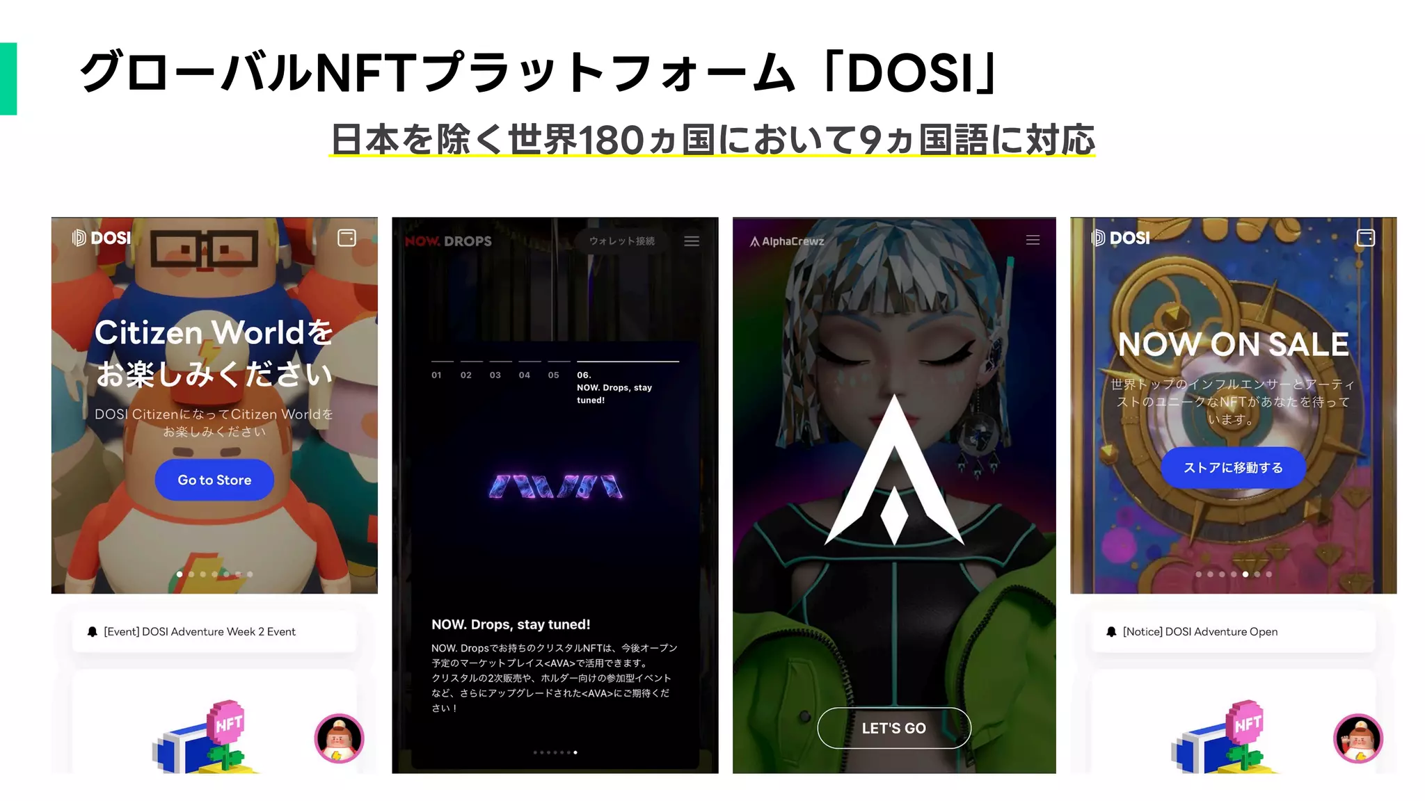 26
日本を除く世界180ヵ国において9ヵ国語に対応
グローバルNFTプラットフォーム「DOSI」
 