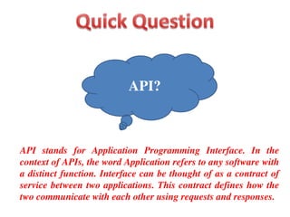 API stands for Application Programming Interface. In the
context of APIs, the word Application refers to any software with
a distinct function. Interface can be thought of as a contract of
service between two applications. This contract defines how the
two communicate with each other using requests and responses.
API?
 