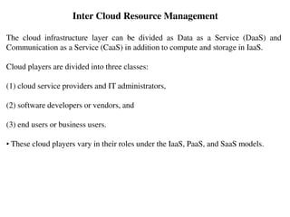 Inter Cloud Resource Management
The cloud infrastructure layer can be divided as Data as a Service (DaaS) and
Communication as a Service (CaaS) in addition to compute and storage in IaaS.
Cloud players are divided into three classes:
(1) cloud service providers and IT administrators,
(2) software developers or vendors, and
(3) end users or business users.
• These cloud players vary in their roles under the IaaS, PaaS, and SaaS models.
 