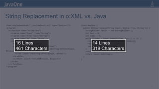 String Replacement in o:XML vs. Java<?xml-stylesheethref="../xsl/default.xsl" type="text/xsl"?><program>  <o:function name="ex:replace">    <o:param name="input" type="String"/>    <o:param name="from" type="String"/>    <o:param name="to" type="String"/>    <o:do>      <o:variable name="result"/>      <o:while test="contains($input, $from)">        <o:set result="concat($result, substring-before($input, $from), $to)"/>        <o:set input="substring-after($input, $from)"/>      </o:while>      <o:return select="concat($result, $input)"/>    </o:do>  </o:function></program>class Replace {  public String replace(String input, String from, String to) {StringBuilder result = new StringBuilder();int last = 0;int index = 0;    while ((index = input.indexOf(from, last)) != -1) {result.append(input.substring(last, index));result.append(to);      last = index + from.length()    }result.append(input.substring(last));    return result.toString();  }}2116 Lines461 Characters14 Lines319 Characters