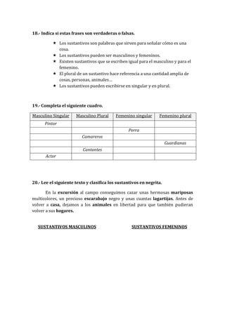18.- Indica si estas frases son verdaderas o falsas.
 Los sustantivos son palabras que sirven para señalar cómo es una
cosa.
 Los sustantivos pueden ser masculinos y femeninos.
 Existen sustantivos que se escriben igual para el masculino y para el
femenino.
 El plural de un sustantivo hace referencia a una cantidad amplia de
cosas, personas, animales…
 Los sustantivos pueden escribirse en singular y en plural.
19.- Completa el siguiente cuadro.
Masculino Singular Masculino Plural Femenino singular Femenino plural
Pintor
Perra
Camareros
Guardianas
Cantantes
Actor
20.- Lee el siguiente texto y clasifica los sustantivos en negrita.
En la excursión al campo conseguimos cazar unas hermosas mariposas
multicolores, un precioso escarabajo negro y unas cuantas lagartijas. Antes de
volver a casa, dejamos a los animales en libertad para que también pudieran
volver a sus hogares.
SUSTANTIVOS MASCULINOS SUSTANTIVOS FEMENINOS
 