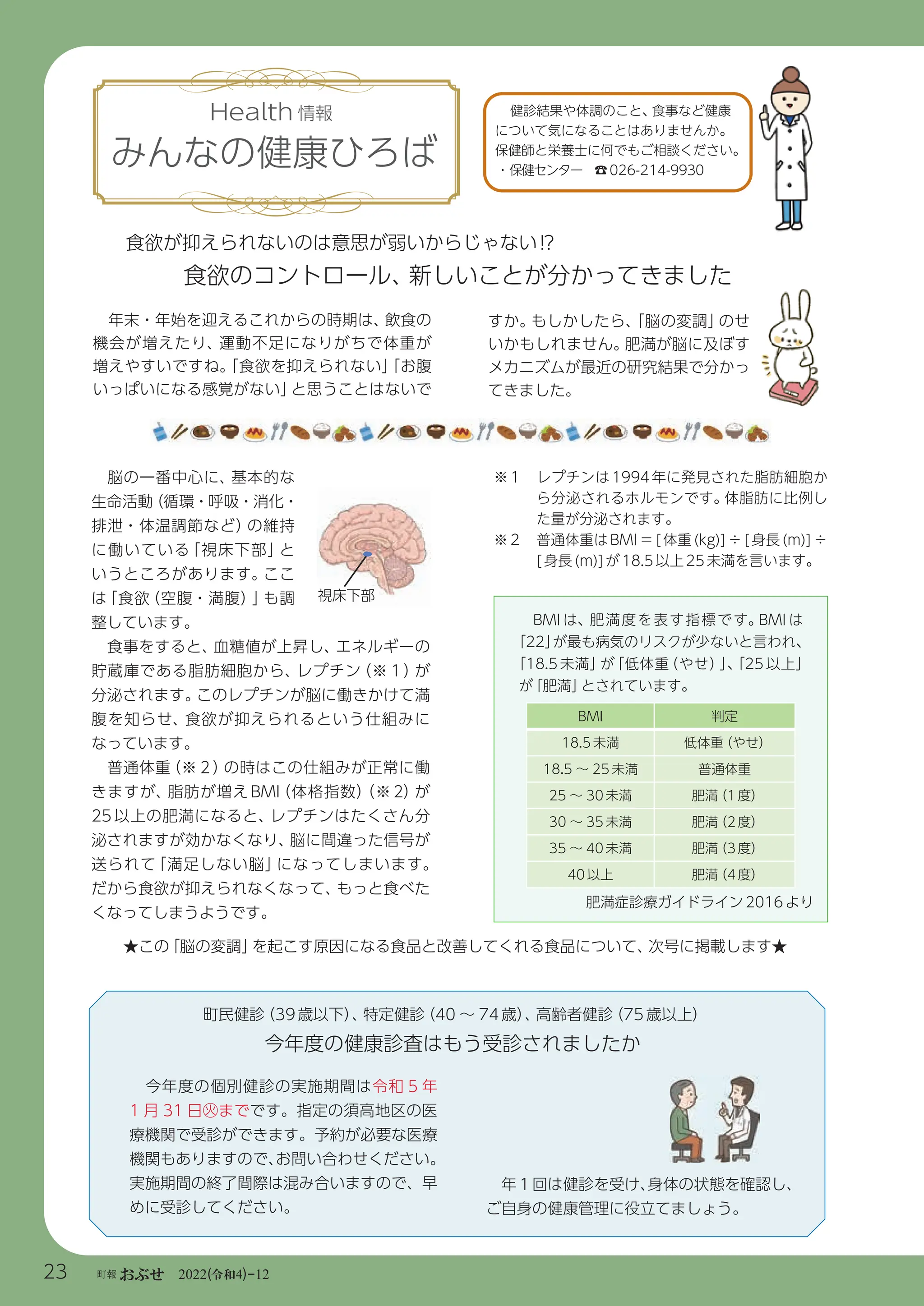 令和
23 町報おぶせ 2022( 4)-12
Health 情報
みんなの健康ひろば
健診結果や体調のこと、
食事など健康
について気になることはありませんか。
保健師と栄養士に何でもご相談ください。
・保健センター ☎026-214-9930
食欲のコントロール、
新しいことが分かってきました
年末・年始を迎えるこれからの時期は、
飲食の
機会が増えたり、運動不足になりがちで体重が
増えやすいですね。
「食欲を抑えられない」
「お腹
いっぱいになる感覚がない」
と思うことはないで
すか。
もしかしたら、
「脳の変調」
のせ
いかもしれません。
肥満が脳に及ぼす
メカニズムが最近の研究結果で分かっ
てきました。
今年度の個別健診の実施期間は令和 5 年
1 月 31 日㊋までです。指定の須高地区の医
療機関で受診ができます。予約が必要な医療
機関もありますので、
お問い合わせください。
実施期間の終了間際は混み合いますので、早
めに受診してください。
町民健診
（39歳以下）
、
特定健診
（40 ～ 74歳）
、
高齢者健診
（75歳以上）
※１ レプチンは 1994 年に発見された脂肪細胞か
ら分泌されるホルモンです。
体脂肪に比例し
た量が分泌されます。
※２ 普通体重は BMI ＝ [ 体重 (kg)] ÷ [ 身長 (m)] ÷
[身長(m)]が18.5以上25未満を言います。
BMI 判定
18.5未満 低体重
（やせ）
18.5 ～ 25未満 普通体重
25 ～ 30未満 肥満
（1度）
30 ～ 35未満 肥満
（2度）
35 ～ 40未満 肥満
（3度）
40以上 肥満
（4度）
BMI は、肥満度を表す指標です。
BMI は
「22」
が最も病気のリスクが少ないと言われ、
「18.5 未満」
が
「低体重
（やせ）
」
、
「25 以上」
が
「肥満」
とされています。
肥満症診療ガイドライン2016より
脳の一番中心に、
基本的な
生命活動
（循環・呼吸・消化・
排泄・体温調節など）
の維持
に働いている
「視床下部」
と
いうところがあります。
ここ
は
「食欲
（空腹・満腹）
」
も調
整しています。
食事をすると、
血糖値が上昇し、
エネルギーの
貯蔵庫である脂肪細胞から、レプチン
（※１）
が
分泌されます。
このレプチンが脳に働きかけて満
腹を知らせ、食欲が抑えられるという仕組みに
なっています。
普通体重
（※２）
の時はこの仕組みが正常に働
きますが、脂肪が増え BMI
（体格指数）
（※ 2）
が
25 以上の肥満になると、
レプチンはたくさん分
泌されますが効かなくなり、
脳に間違った信号が
送られて
「満足しない脳」
になってしまいます。
だから食欲が抑えられなくなって、
もっと食べた
くなってしまうようです。
食欲が抑えられないのは意思が弱いからじゃない⁉
視床下部
★この
「脳の変調」
を起こす原因になる食品と改善してくれる食品について、
次号に掲載します★
今年度の健康診査はもう受診されましたか
年 1 回は健診を受け、
身体の状態を確認し、
ご自身の健康管理に役立てましょう。
 