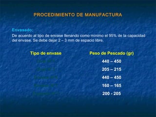 PROCEDIMIENTO DE MANUFACTURA
Envasado:
De acuerdo al tipo de envase llenando como mínimo el 95% de la capacidad
del envase. Se debe dejar 2 – 3 mm de espacio libre.
Tipo de envase Peso de Pescado (gr)
Oval N°1 440 – 450
Oval N°3 205 – 215
Envase N°4 440 – 450
Envase N°1 160 – 165
Especial N°7 200 - 205
 