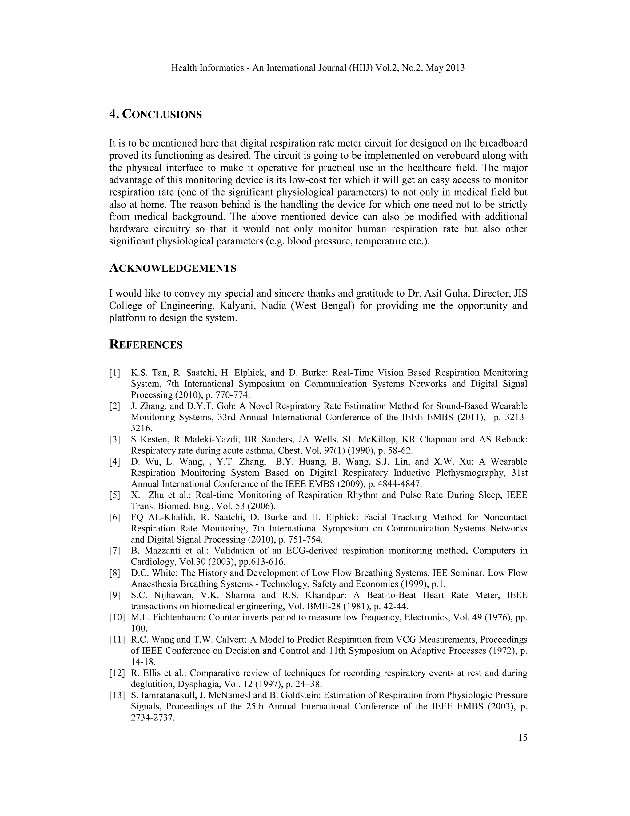 DEVELOPMENT OF A RESPIRATION RATE METER –A LOW-COST DESIGN APPROACH | PDF