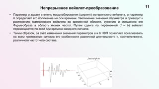 Непрерывное вейвлет-преобразование 11
• Параметр a задает степень масштабирования (ширину) материнского вейвлета, а параметр
b определяет его положение на оси времени. Увеличение значений параметра a приводит к
растяжению материнского вейвлета во временной области, сужению и смещению его
Фурье-образа в область низких частот. Путем сдвига по переменной (t – b) вейвлет
перемещается по всей оси времени входного сигнала.
• Таким образом, за счёт изменения значений параметров a и b НВП позволяет локализовать
на всем протяжении сигнала его особенности различной длительности и, соответственно,
различного частотного состава.
 