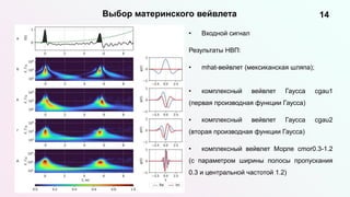 14
Выбор материнского вейвлета
Входной сигнал:
• Входной сигнал
Результаты НВП:
• mhat-вейвлет (мексиканская шляпа);
• комплексный вейвлет Гаусса cgau1
(первая производная функции Гаусса)
• комплексный вейвлет Гаусса cgau2
(вторая производная функции Гаусса)
• комплексный вейвлет Морле cmor0.3-1.2
(с параметром ширины полосы пропускания
0.3 и центральной частотой 1.2)
 