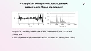 21
Фильтрация экспериментальных данных:
классическая Фурье-фильтрация
Результаты сейсмоакустического контроля буронабивной сваи с проектной
длиной 30 м.
Слева – временное представление сигнала, справа – его амплитудный спектр.
 