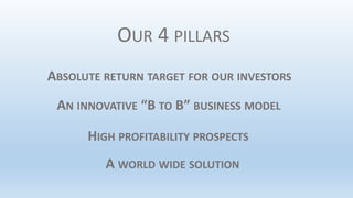 OUR 4 PILLARS
ABSOLUTE RETURN TARGET FOR OUR INVESTORS
AN INNOVATIVE “B TO B” BUSINESS MODEL
HIGH PROFITABILITY PROSPECTS
...