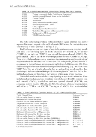 The radio subsystem provides a certain number of logical channels that can be
separated into two categories, the traffic channels (TCHs) and the control channels.
The structure of these channels is defined in [6].
Traffic channels carry two types of user information streams: encoded speech
and data. The following types of traffic channels are defined: Bm
or full-rate
(TCH/F), Lm
or half-rate (TCH/H), and the cell broadcast channel (CBCH). The
gross rate for TCH/F is 22.8 Kbps while the gross rate for the TCH/H is 11.4 Kbps.
These types of channels can appear in various forms depending on the applications’
requirements or the infrastructure’s constraints. For example the full-rate data TCH
can appear in forms that can accommodate traffic from 4.8 Kbps up to 43.2 Kbps
and is distinguished when mentioned using different lettering (e.g., TCH/F4.8 and
TCH/F9.6). The set of traffic channels that are defined for speech and for data
according to Release 4 of the GSM specifications are given in Table 2.4. Packet data
traffic channels are not listed since they are out of the scope of this chapter.
Control channels are intended to carry signaling or synchronization data. Con-
trol channels are subdivided into broadcast control channel (BCCH), common con-
trol channel (CCCH), stand-alone dedicated control channel (SDCCH), and
associated control channel (ACCH). An ACCH is always allocated in conjunction
with either a TCH or an SDCCH. Two types of ACCHs for circuit-switched
2.1 Architecture of 2G Systems 9
Table 2.3 Contents of the 45 Series Specifications Defining the GSM Air Interface
45.001 “Physical Layer on the Radio Path (General Description)”
45.002 “Multiplexing and Multiple Access on the Radio Path”
45.003 “Channel Coding”
45.004 “Modulation”
45.005 “Radio Transmission and Reception”
45.008 “Radio Subsystem Link Control”
45.009 “Link Adaptation”
45.010 “Radio Subsystem Synchronization”
45.022 “Radio Link Management in Hierarchical Networks”
45.050 “Background for RF Requirements”
45.056 “CTS-FP Radio Subsystem”
Table 2.4 Traffic Channels as Defined in Release 4 of GSM Technical Specification
Traffic Channel Name Codeword Used
Full-rate traffic channel for speech TCH/FS
Half-rate traffic channel for speech TCH/HS
Enhanced full-rate traffic channel for speech TCH/EFS
Adaptive full rate traffic channel for speech TCH/AFS
Adaptive half-rate traffic channel for speech TCH/AHS
Full-rate traffic channel for 9.6-Kbps user data TCH/F9.6
Full-rate traffic channel for 4.8-Kbps user data TCH/F4.8
Half-rate traffic channel for 4.8-Kbps user data TCH/H4.8
Half-rate traffic channel for 2.4-Kbps user data TCH/H2.4
Full-rate traffic channel for 2,4-Kbps user data TCH/F2.4
Full-rate traffic channel for 14.4-Kbps user data (TCH/F14.4); TCH/F14.4
Enhanced circuit-switched full-rate traffic channel for 28.8-Kbps user data E-TCH/F28.8
Enhanced circuit-switched full-rate traffic channel for 32.0-Kbps user data E-TCH/F32.0
Enhanced circuit-switched full-rate traffic channel for 43.2-Kbps user data E-TCH/F43.2
Cell broadcast channel CBCH
 