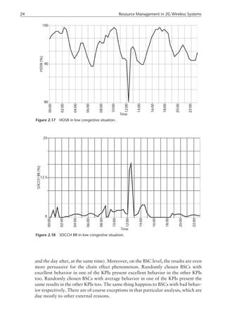 and the day after, at the same time). Moreover, on the BSC level, the results are even
more persuasive for the chain effect phenomenon. Randomly chosen BSCs with
excellent behavior in one of the KPIs present excellent behavior in the other KPIs
too. Randomly chosen BSCs with average behavior in one of the KPIs present the
same results in the other KPIs too. The same thing happens to BSCs with bad behav-
ior respectively. There are of course exceptions in that particular analysis, which are
due mostly to other external reasons.
24 Resource Management in 2G Wireless Systems
Figure 2.17 HOSR in low congestive situation.
Figure 2.18 SDCCH BR in low congestive situation.
 