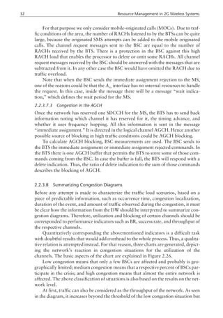 For that purpose we only consider mobile-originated calls (MOCs). Due to traf-
fic conditions of the area, the number of RACHs listened to by the BTSs can be quite
large, because the originated SMS attempts can be added to the mobile originated
calls. The channel request messages sent to the BSC are equal to the number of
RACHs received by the BTS. There is a protection in the BSC against this high
RACH load that enables the processor to delete or omit some RACHs. All channel
request messages received by the BSC should be answered with the messages that are
subtracted from it. In any other case the BSC would have omitted the RACH due to
traffic overload.
Note that when the BSC sends the immediate assignment rejection to the MS,
one of the reasons could be that the Abis
interface has no internal resources to handle
the request. In this case, inside the message there will be a message “wait indica-
tion,” which defines the wait period for the MS.
2.2.3.7.3 Congestion in the AGCH
Once the network has reserved one SDCCH for the MS, the BTS has to send back
information noting which channel it has reserved for it, the timing advance, and
whether it uses frequency hopping. All this information is sent in the message
“immediate assignment.” It is directed in the logical channel AGCH. Hence another
possible source of blocking in high traffic conditions could be AGCH blocking.
To calculate AGCH blocking, BSC measurements are used. The BSC sends to
the BTS the immediate assignment or immediate assignment rejected commands. In
the BTS there is one AGCH buffer that permits the BTS to store some of those com-
mands coming from the BSC. In case the buffer is full, the BTS will respond with a
delete indication. Thus, the ratio of delete indication to the sum of those commands
describes the blocking of AGCH.
2.2.3.8 Summarizing Congestion Diagrams
Before any attempt is made to characterize the traffic load scenarios, based on a
piece of predictable information, such as occurrence time, congestion localization,
duration of the event, and amount of traffic observed during the congestion, it must
be clear how the information from the DW should be interpreted to summarize con-
gestion diagrams. Therefore, utilization and blocking of certain channels should be
corresponded to performance indicators such as BR, success rate, and throughput of
the respective channels.
Quantitatively corresponding the abovementioned indicators is a difficult task
with doubtful results that would add overhead to the whole process. Thus, a qualita-
tive relation is attempted instead. For that reason, three charts are generated, depict-
ing the network’s reaction in congestion situations for the utilization of the
channels. The basic aspects of the chart are explained in Figure 2.26.
Low congestion means that only a few BSCs are affected and probably is geo-
graphically limited; medium congestion means that a respective percent of BSCs par-
ticipate in the crisis; and high congestion means that almost the entire network is
affected. The above classification of situations is also based on the results on the net-
work level.
At first, traffic can also be considered as the throughput of the network. As seen
in the diagram, it increases beyond the threshold of the low congestion situation but
32 Resource Management in 2G Wireless Systems
 