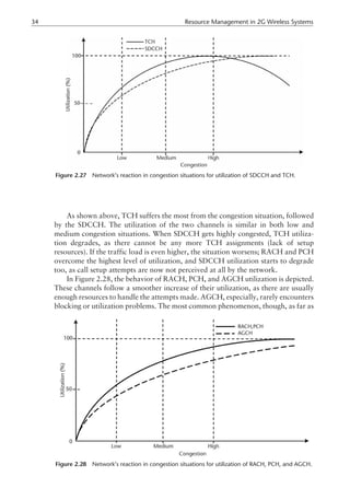 As shown above, TCH suffers the most from the congestion situation, followed
by the SDCCH. The utilization of the two channels is similar in both low and
medium congestion situations. When SDCCH gets highly congested, TCH utiliza-
tion degrades, as there cannot be any more TCH assignments (lack of setup
resources). If the traffic load is even higher, the situation worsens; RACH and PCH
overcome the highest level of utilization, and SDCCH utilization starts to degrade
too, as call setup attempts are now not perceived at all by the network.
In Figure 2.28, the behavior of RACH, PCH, and AGCH utilization is depicted.
These channels follow a smoother increase of their utilization, as there are usually
enough resources to handle the attempts made. AGCH, especially, rarely encounters
blocking or utilization problems. The most common phenomenon, though, as far as
34 Resource Management in 2G Wireless Systems
Figure 2.27 Network’s reaction in congestion situations for utilization of SDCCH and TCH.
Figure 2.28 Network’s reaction in congestion situations for utilization of RACH, PCH, and AGCH.
 
