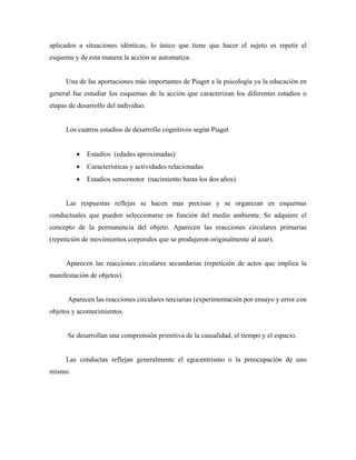 aplicados a situaciones idénticas, lo único que tiene que hacer el sujeto es repetir el
esquema y de esta manera la acción se automatiza.
Una de las aportaciones más importantes de Piaget a la psicología ya la educación en
general fue estudiar los esquemas de la acción que caracterizan los diferentes estadios o
etapas de desarrollo del individuo.
Los cuatros estadios de desarrollo cognitivos según Piaget
• Estadios (edades aproximadas)
• Características y actividades relacionadas
• Estadios sensomotor (nacimiento hasta los dos años)
Las respuestas reflejas se hacen mas precisas y se organizan en esquemas
conductuales que pueden seleccionarse en función del medio ambiente. Se adquiere el
concepto de la permanencia del objeto. Aparecen las reacciones circulares primarias
(repetición de movimientos corporales que se produjeron originalmente al azar).
Aparecen las reacciones circulares secundarias (repetición de actos que implica la
manifestación de objetos).
Aparecen las reacciones circulares terciarias (experimentación por ensayo y error con
objetos y acontecimientos.
Se desarrollan una comprensión primitiva de la causalidad, el tiempo y el espacio.
Las conductas reflejan generalmente el egocentrismo o la preocupación de uno
mismo.
 