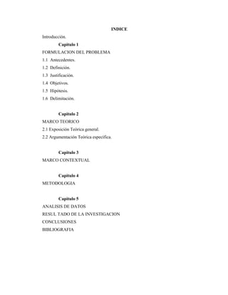 INDICE
Introducción.
Capitulo 1
FORMULACION DEL PROBLEMA
1.1 Antecedentes.
1.2 Definición.
1.3 Justificación.
1.4 Objetivos.
1.5 Hipótesis.
1.6 Delimitación.
Capitulo 2
MARCO TEORICO
2.1 Exposición Teórica general.
2.2 Argumentación Teórica específica.
Capitulo 3
MARCO CONTEXTUAL
Capitulo 4
METODOLOGIA
Capitulo 5
ANALISIS DE DATOS
RESUL TADO DE LA INVESTIGACION
CONCLUSIONES
BIBLIOGRAFIA
 