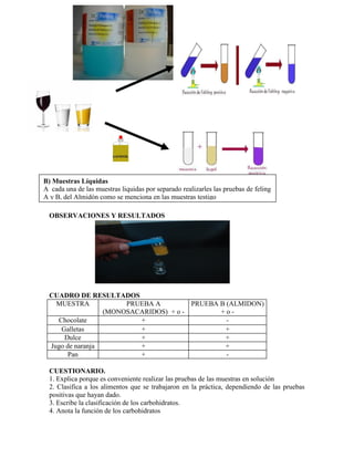 OBSERVACIONES Y RESULTADOS
CUADRO DE RESULTADOS
MUESTRA PRUEBA A
(MONOSACARIDOS) + o -
PRUEBA B (ALMIDON)
+ o -
Chocolate + -
Galletas + +
Dulce + +
Jugo de naranja + +
Pan + -
CUESTIONARIO.
1. Explica porque es conveniente realizar las pruebas de las muestras en solución
2. Clasifica a los alimentos que se trabajaron en la práctica, dependiendo de las pruebas
positivas que hayan dado.
3. Escribe la clasificación de los carbohidratos.
4. Anota la función de los carbohidratos
B) Muestras Líquidas
A cada una de las muestras liquidas por separado realizarles las pruebas de feling
A y B, del Almidón como se menciona en las muestras testigo
 