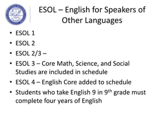 ESOL – English for Speakers of
Other Languages
• ESOL 1
• ESOL 2
• ESOL 2/3 –
• ESOL 3 – Core Math, Science, and Social
Studies are included in schedule
• ESOL 4 – English Core added to schedule
• Students who take English 9 in 9th grade must
complete four years of English
 