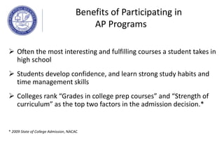  Often the most interesting and fulfilling courses a student takes in
high school
 Students develop confidence, and learn strong study habits and
time management skills
 Colleges rank “Grades in college prep courses” and “Strength of
curriculum” as the top two factors in the admission decision.*
* 2009 State of College Admission, NACAC
Benefits of Participating in
AP Programs
 