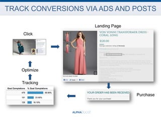 TRACK CONVERSIONS VIA ADS AND POSTS

                    Landing Page
    Click




   Optimize

   Tracking

                                   Purchase
 